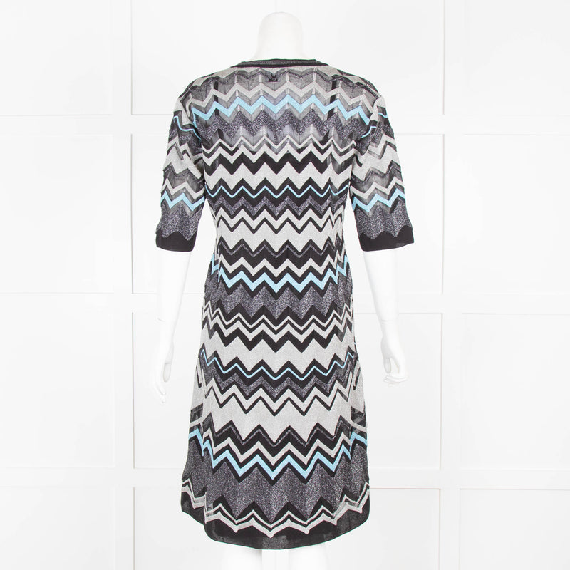 M Missoni Black Silver Blue Lurex Short Sleeve Dress
