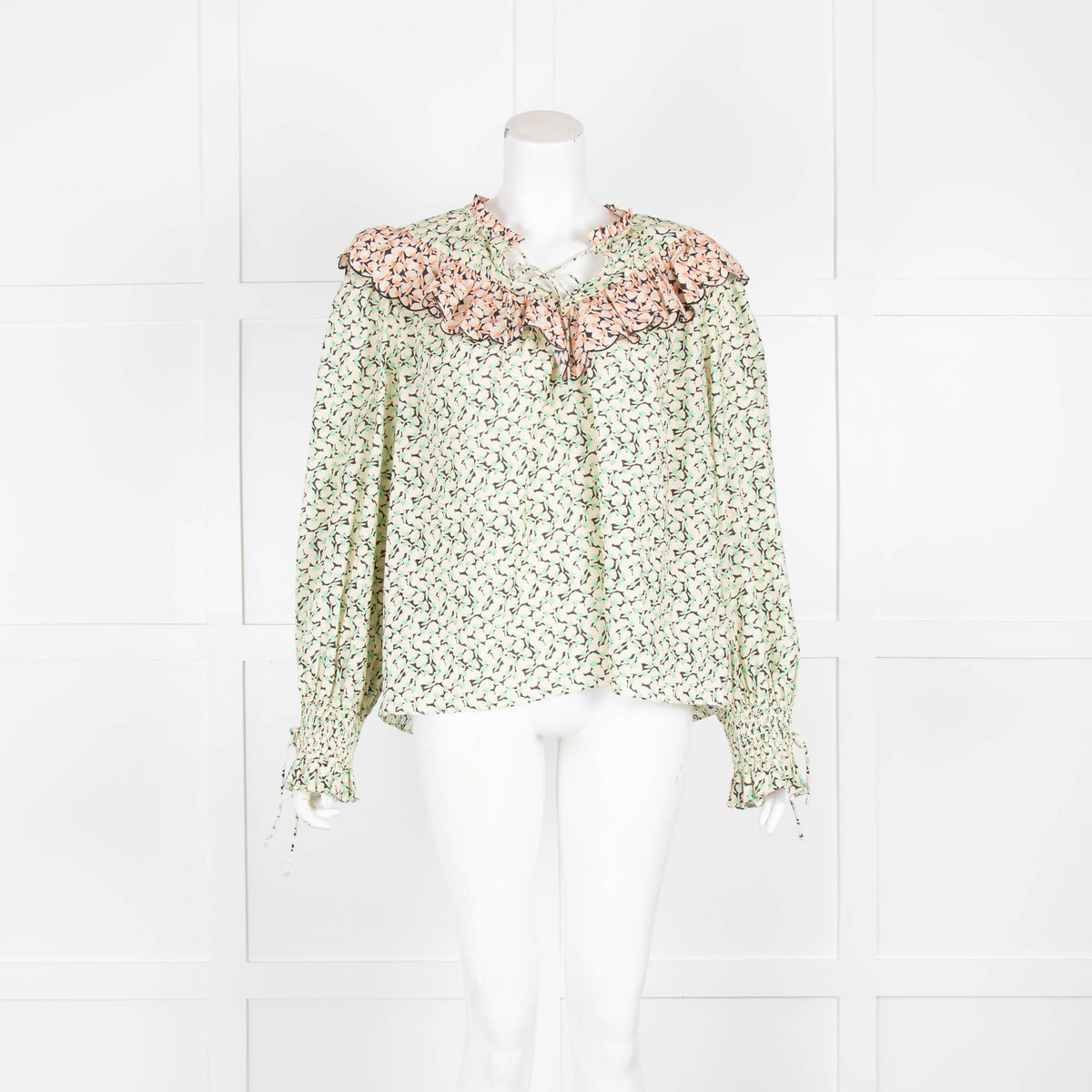 Rixo Beige Green Floral Frill Long Sleeve Top