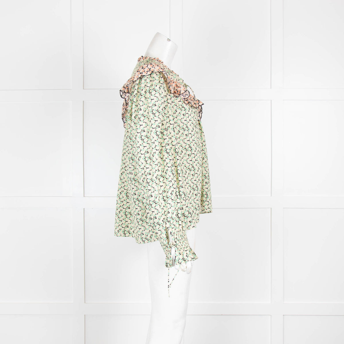 Rixo Beige Green Floral Frill Long Sleeve Top