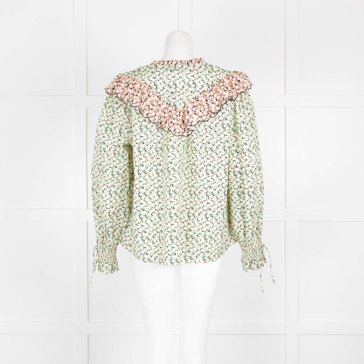 Rixo Beige Green Floral Frill Long Sleeve Top