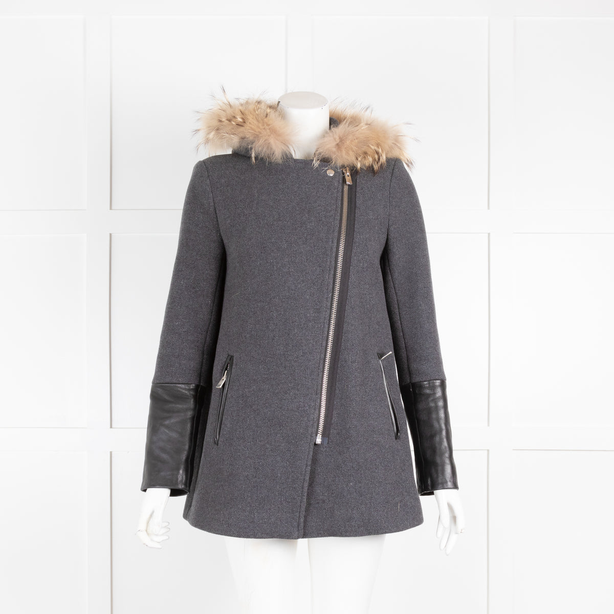 Maje Grey Wool Coat with Leather Cuffs and Fur Collar