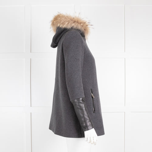 Maje Grey Wool Coat with Leather Cuffs and Fur Collar