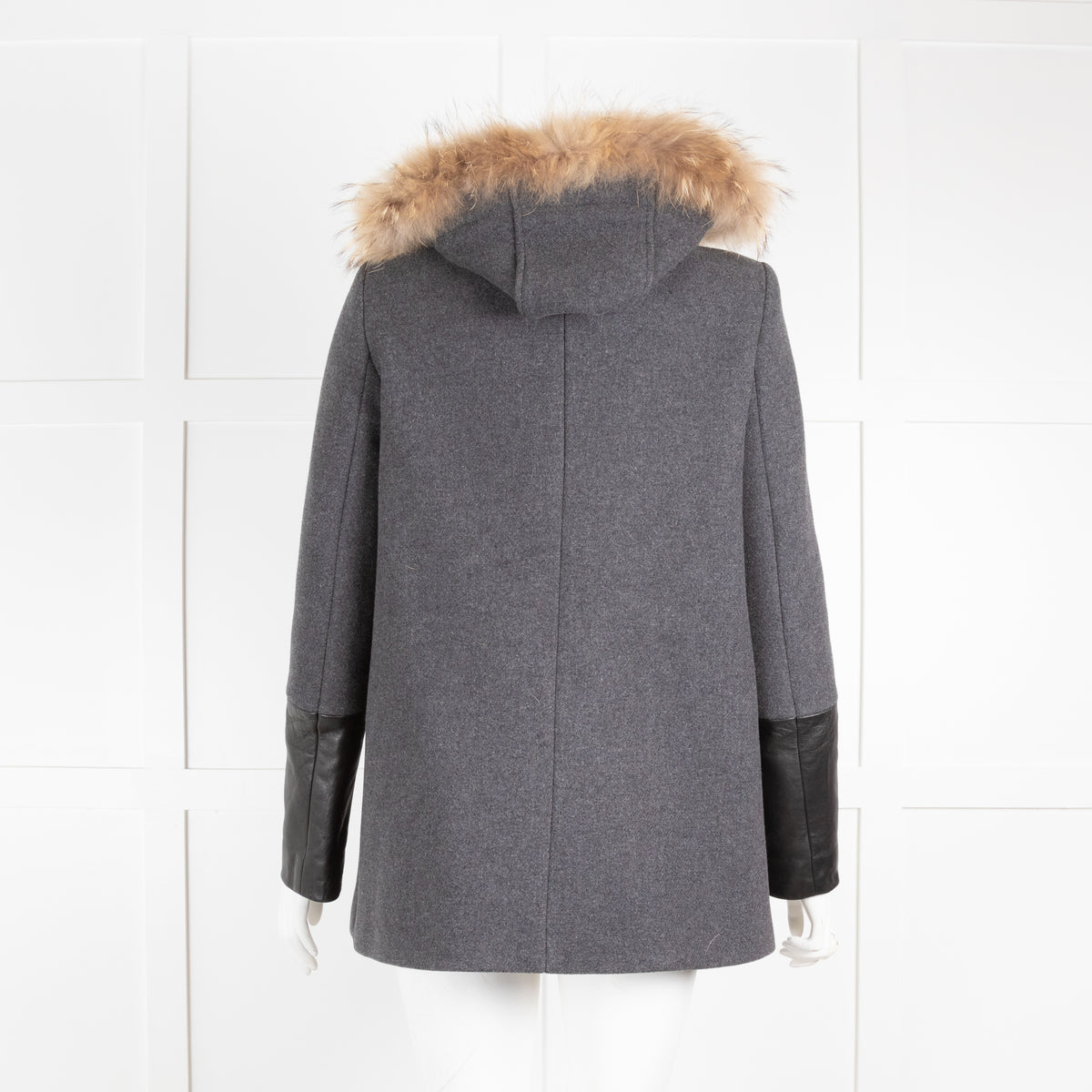 Maje Grey Wool Coat with Leather Cuffs and Fur Collar