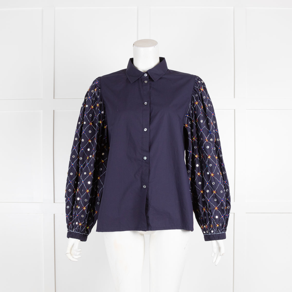 Essential Antwerp Navy Blouse with Sequin Embellished Sleeves