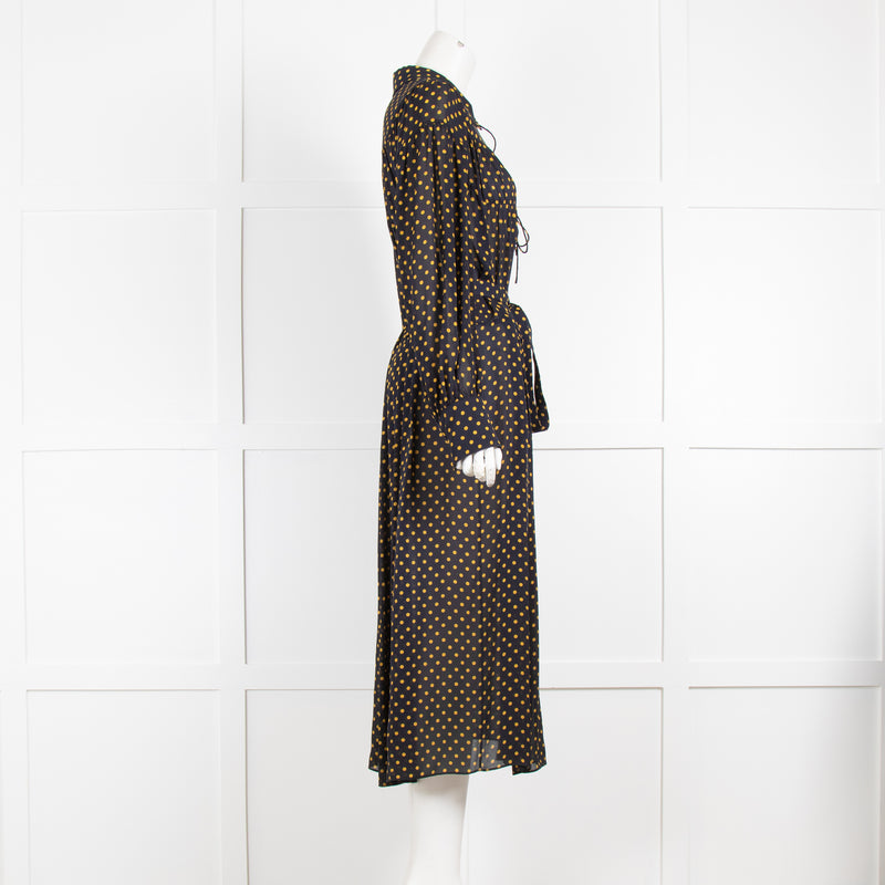 Joseph Navy with Yellow Polka Dot Silk Midi Dress