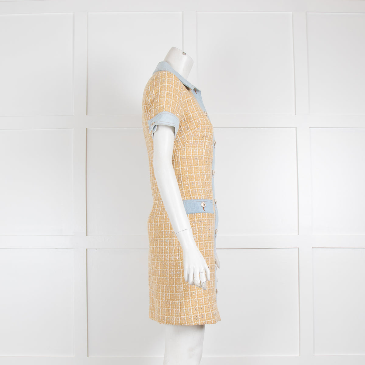 Sandro Beige Tweed Mini Dress with Denim Collar
