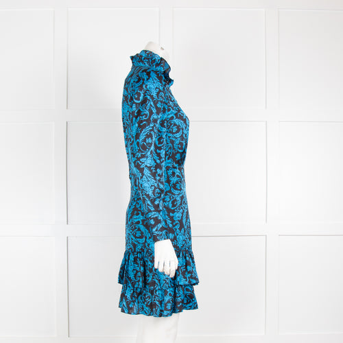 Sandro Black & Blue Mini Dress with Frill Collar & Hem
