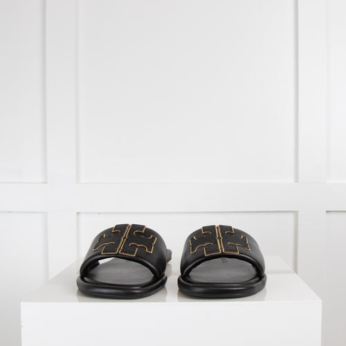 Tory Burch Black Double T Sports Slides with Gold Outline