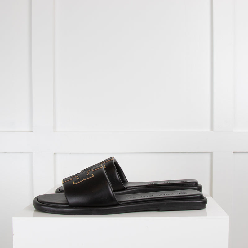 Tory Burch Black Double T Sports Slides with Gold Outline