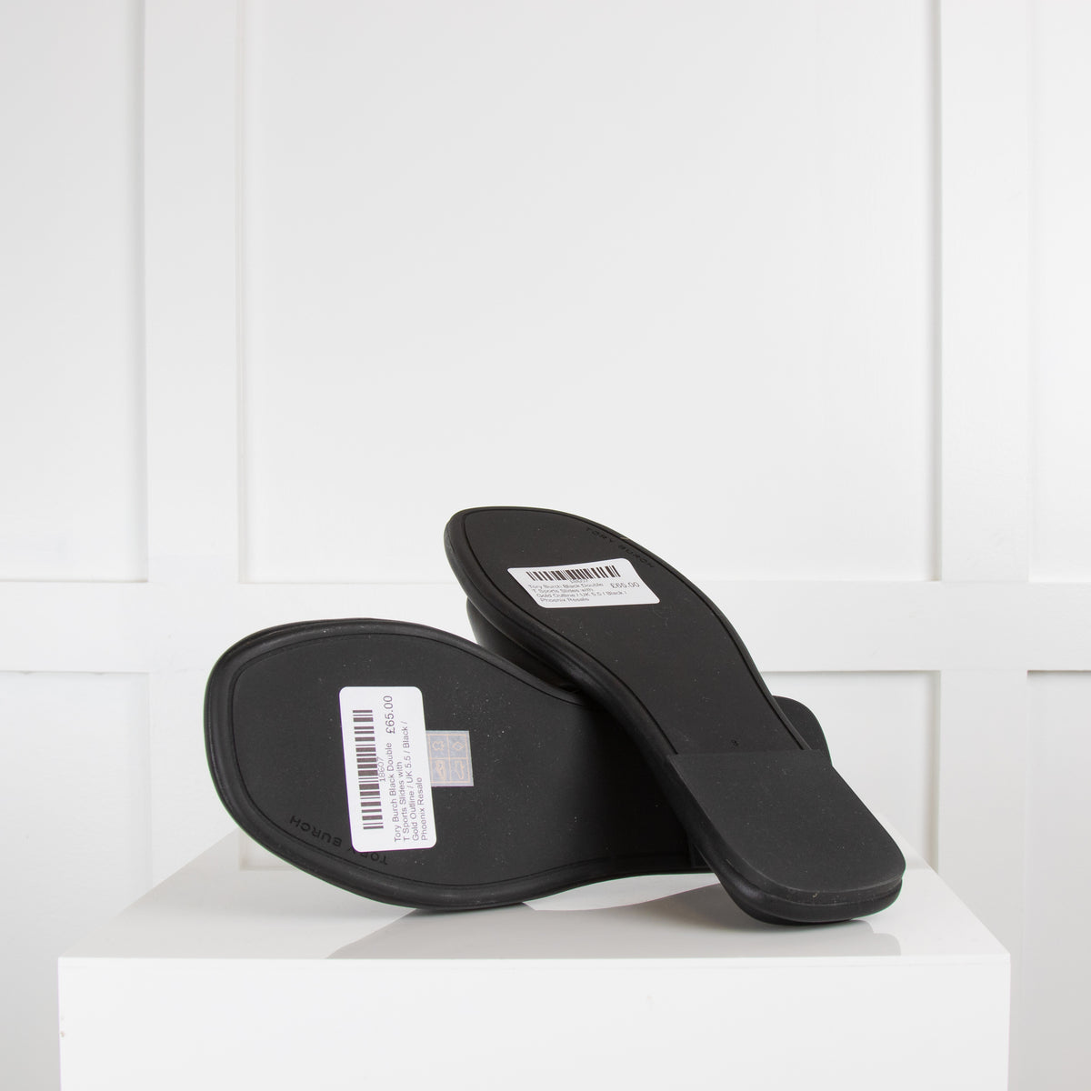 Tory Burch Black Double T Sports Slides with Gold Outline