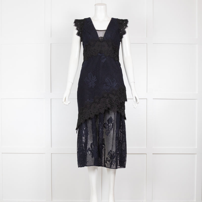 Three Floor Navy Lace Crochet Midi Dress