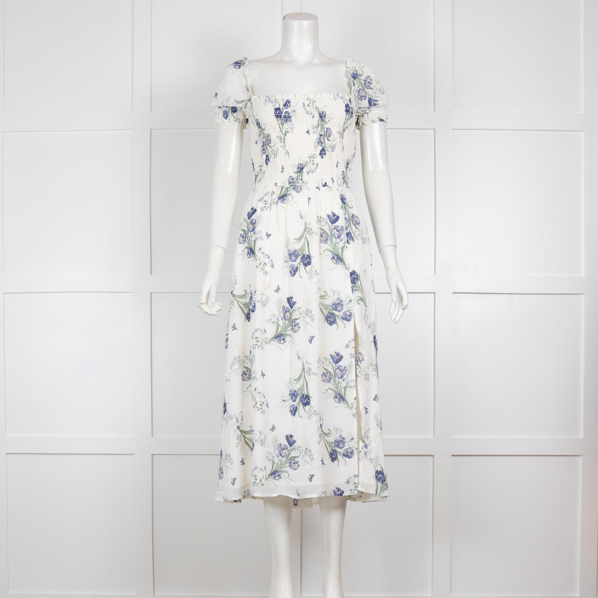 Reformation White Floral Smocked Dress