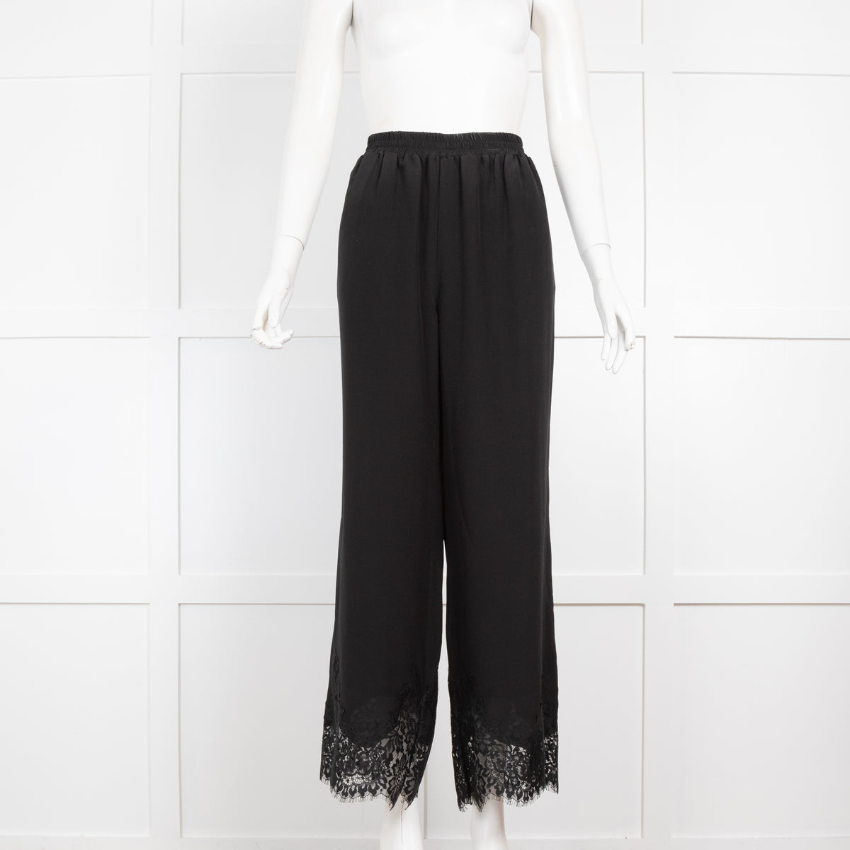 Goldhawk Black Silk Wide Leg Trousers With Eyelash Lace Hem