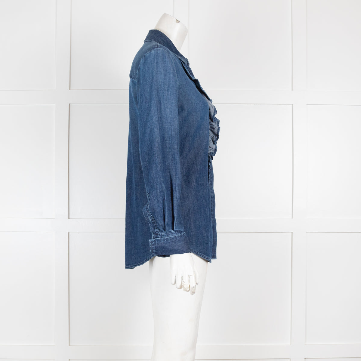 Frame Blue Denim Button Front Blouse with Frill