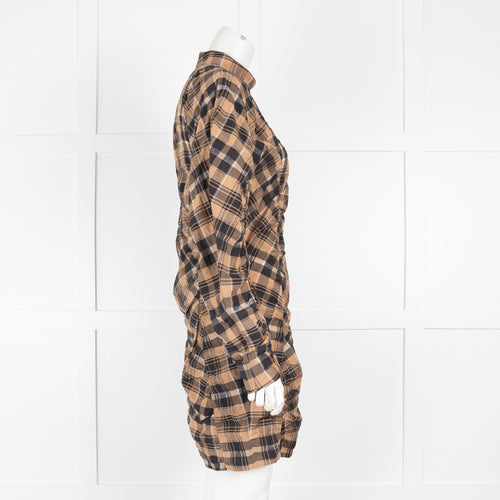 Ganni Brown Check Ruched Sleeve Dress