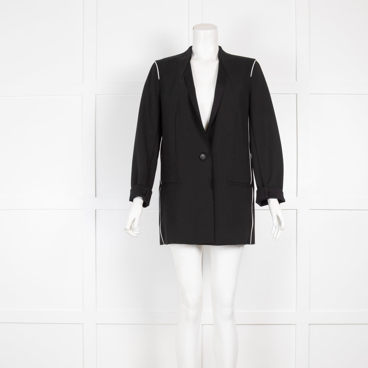 Helmut Lang Black Blazer with White Shoulder Piping & Raw Hems
