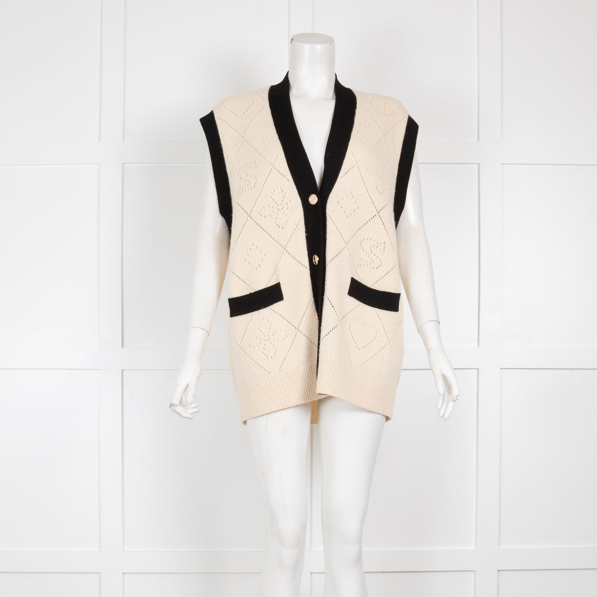 Sandro Cream Knitted Sleevless Cardigan with Black Trim