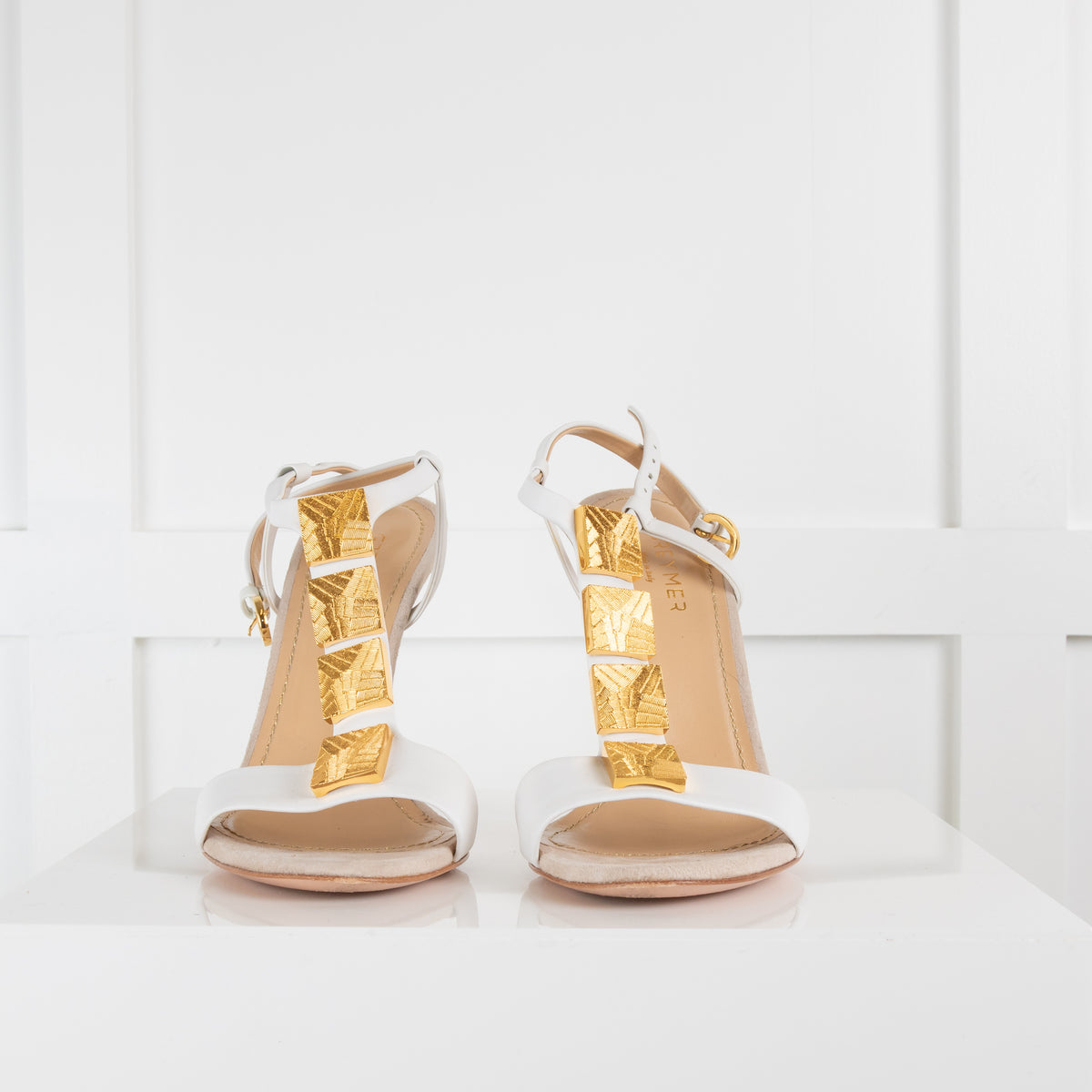 Greymer White Heeled Sandal with Gold Embellishment