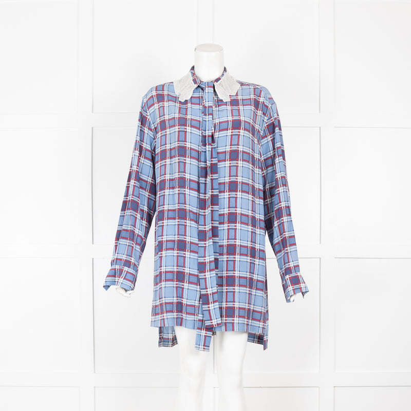 Marc Jacobs Blue Plaid Silk Shirt Dress with Embellished Collar