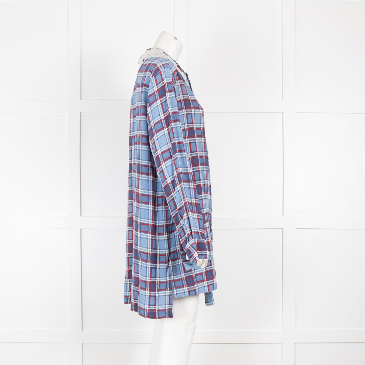 Marc Jacobs Blue Plaid Silk Shirt Dress with Embellished Collar