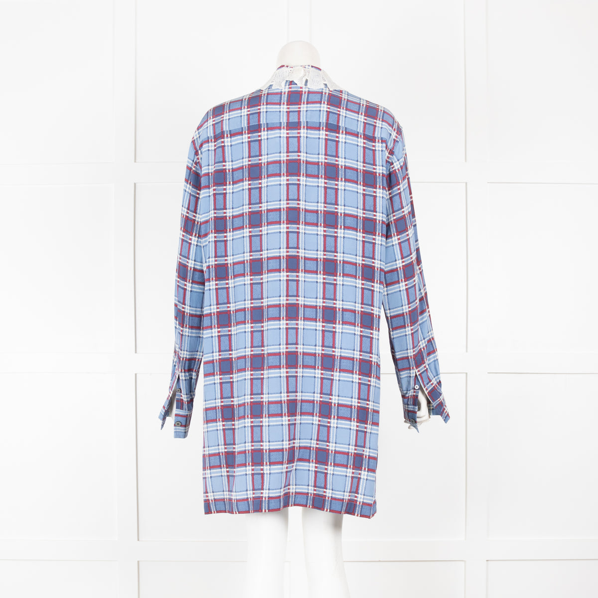 Marc Jacobs Blue Plaid Silk Shirt Dress with Embellished Collar