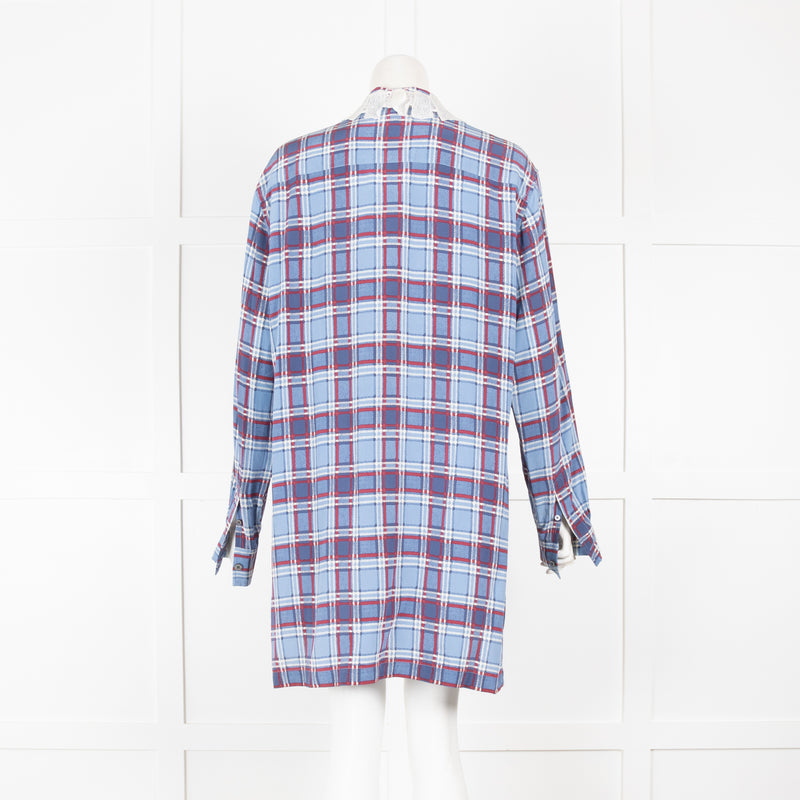 Marc Jacobs Blue Plaid Silk Shirt Dress with Embellished Collar