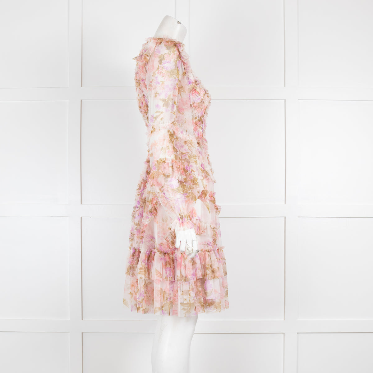 Needle & Thread Pink Mesh Frill Detail Floral Dress