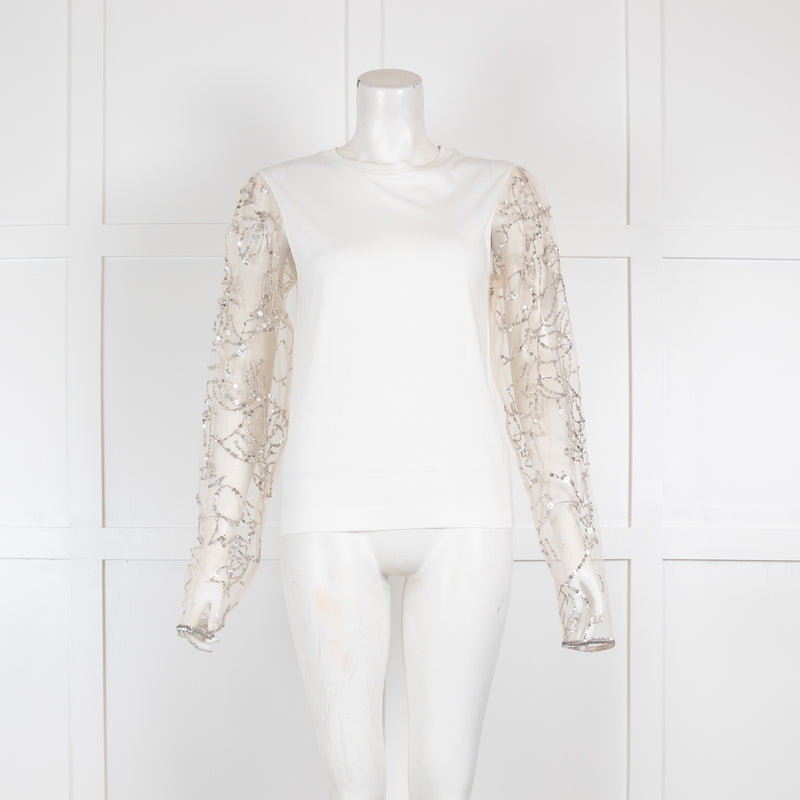 Dries Van Noten White Sequin Net Sleeve Top