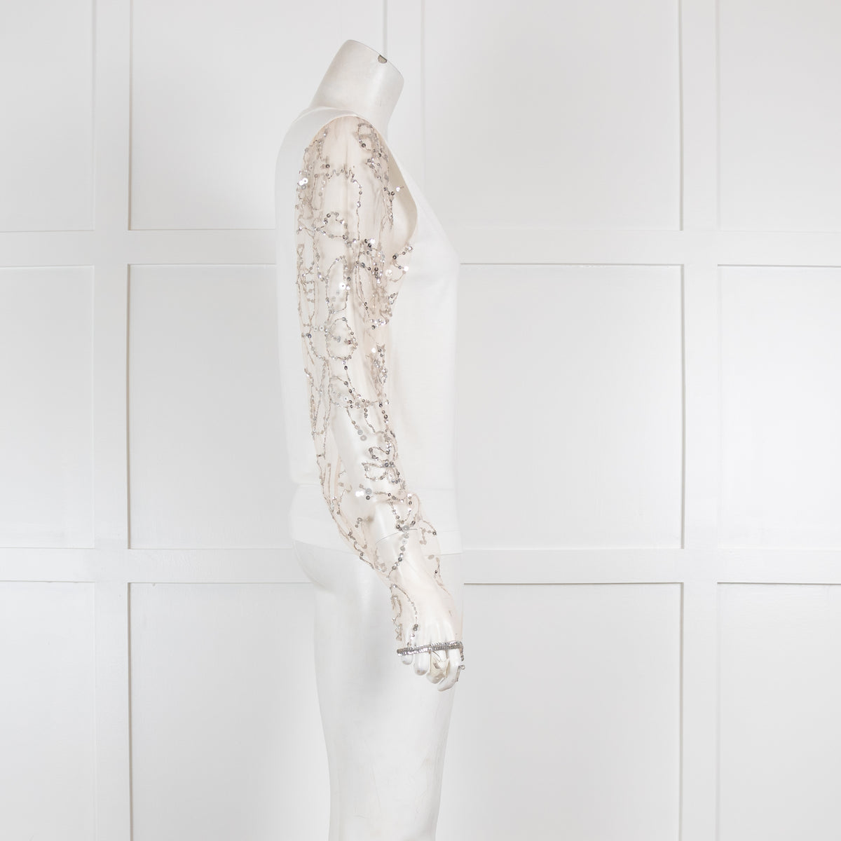 Dries Van Noten White Sequin Net Sleeve Top