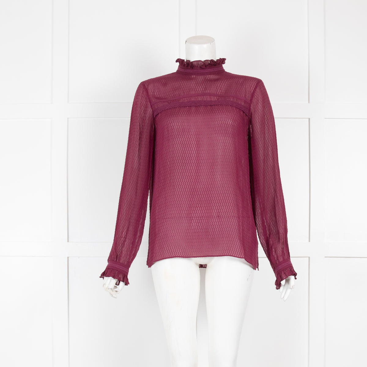 Saloni Burgundy Sheer Textured Long Sleeve Top