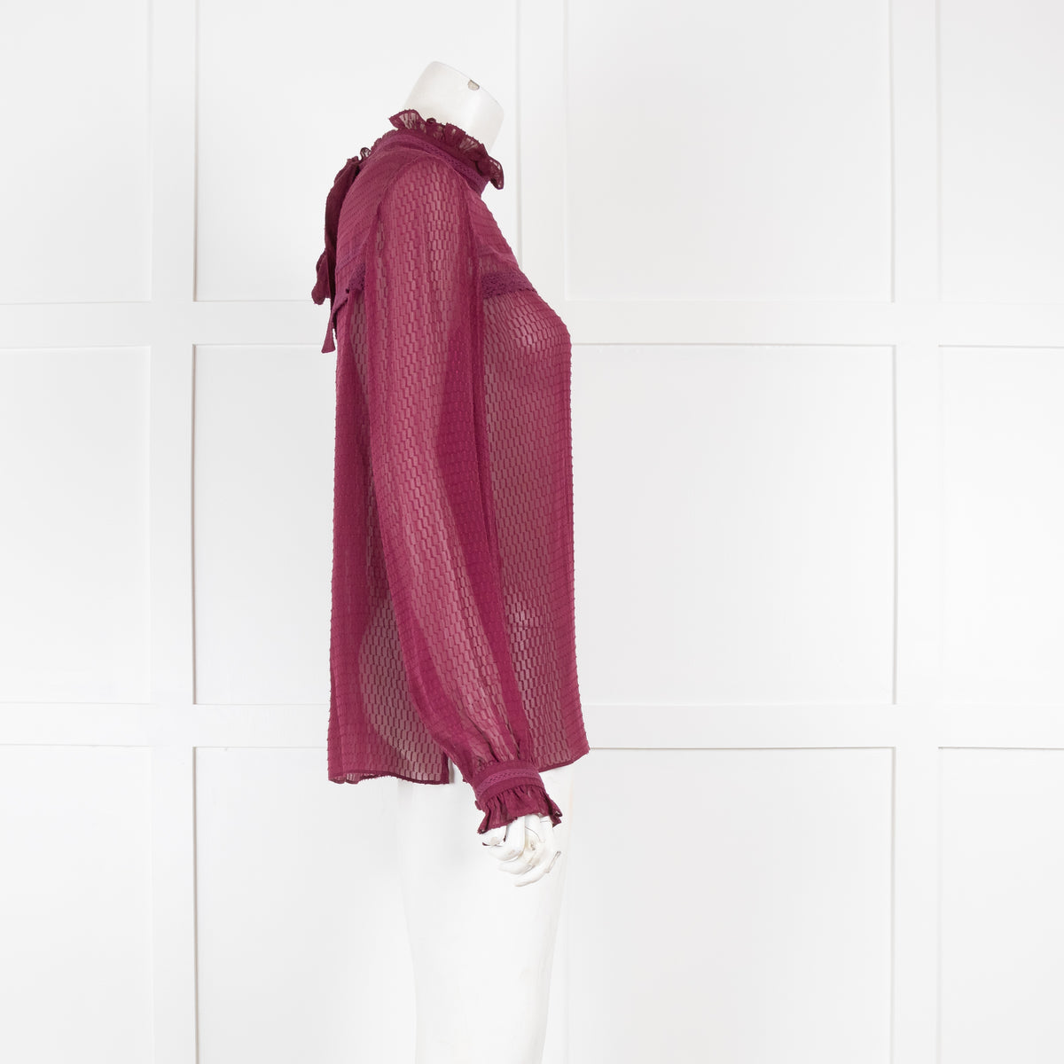 Saloni Burgundy Sheer Textured Long Sleeve Top