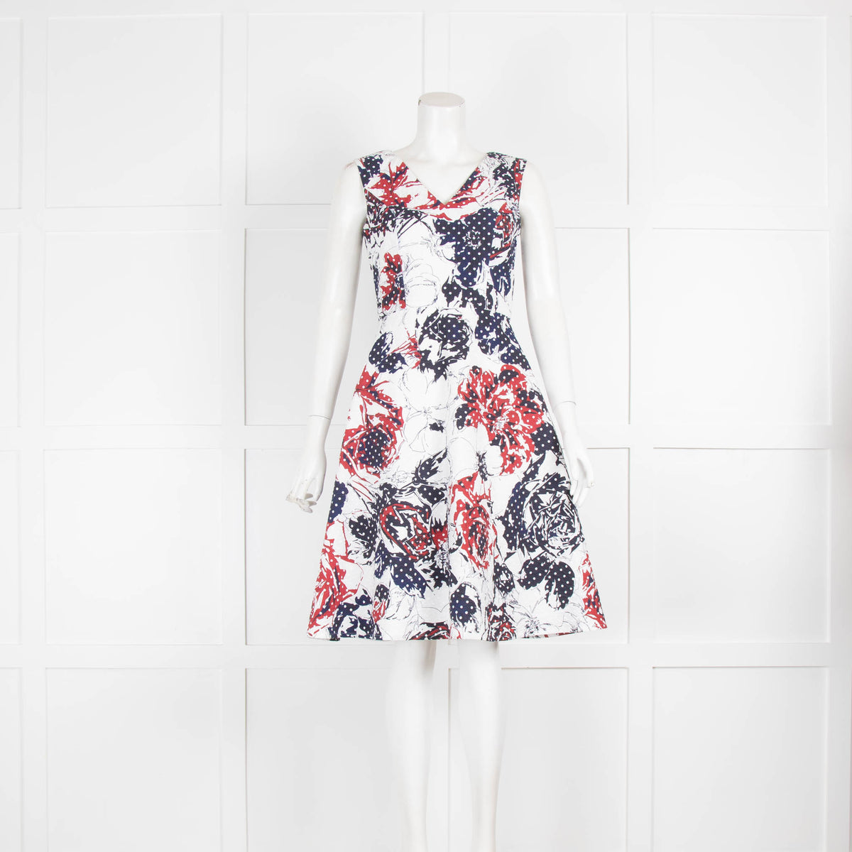 Carolina Herrera White Blue Red Print Sleeveless Dress