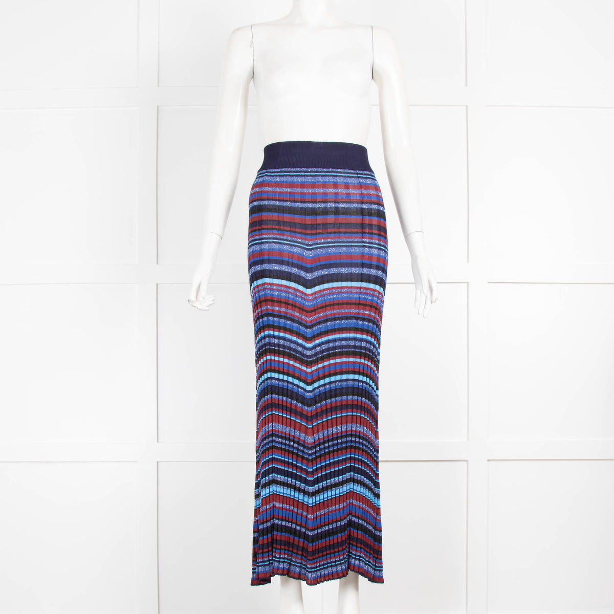 Maje Navy Blue Burgundy Knit Striped Maxi Skirt