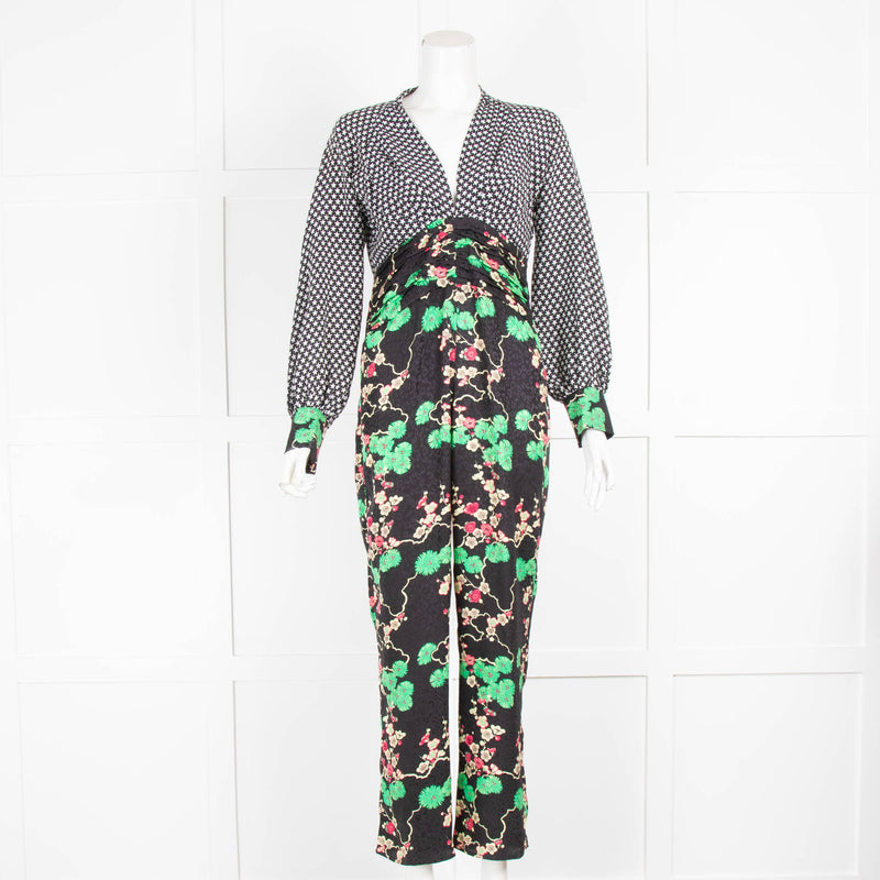 Rixo Black Green Floral With Contrast White Star Jumpsuit