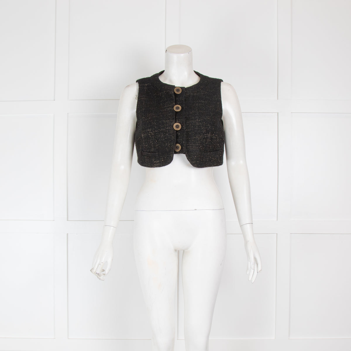 See By Chloe Black Tweed Cropped Top with Gold Thread