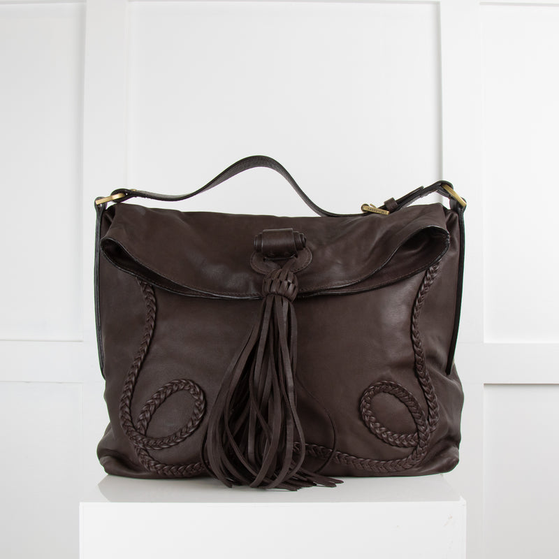 Mulberry Brown Leather Tasseled Hobo Bag