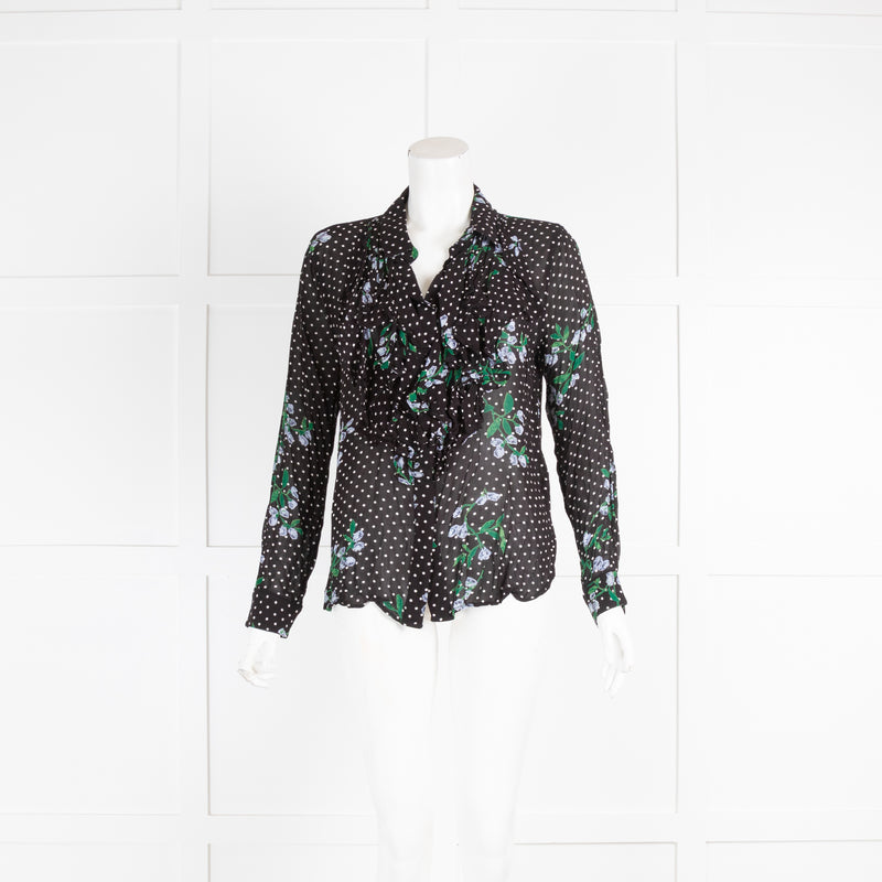Ganni Black Shirt with White Dots and Floral
