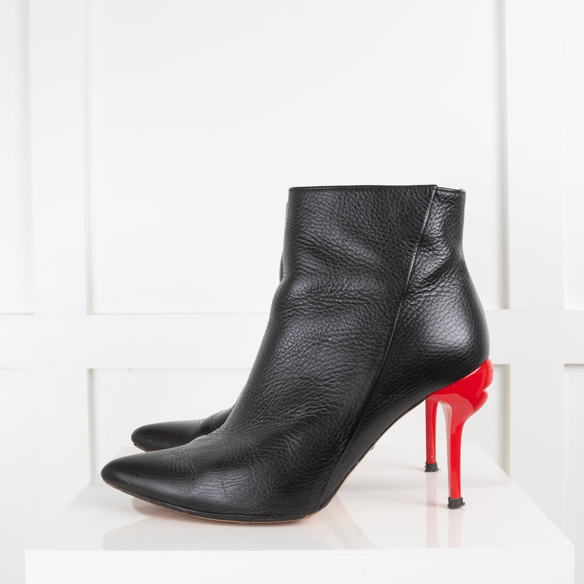 Lulu Guiness Black Leather Bardot Ankle Boots with Red Heels