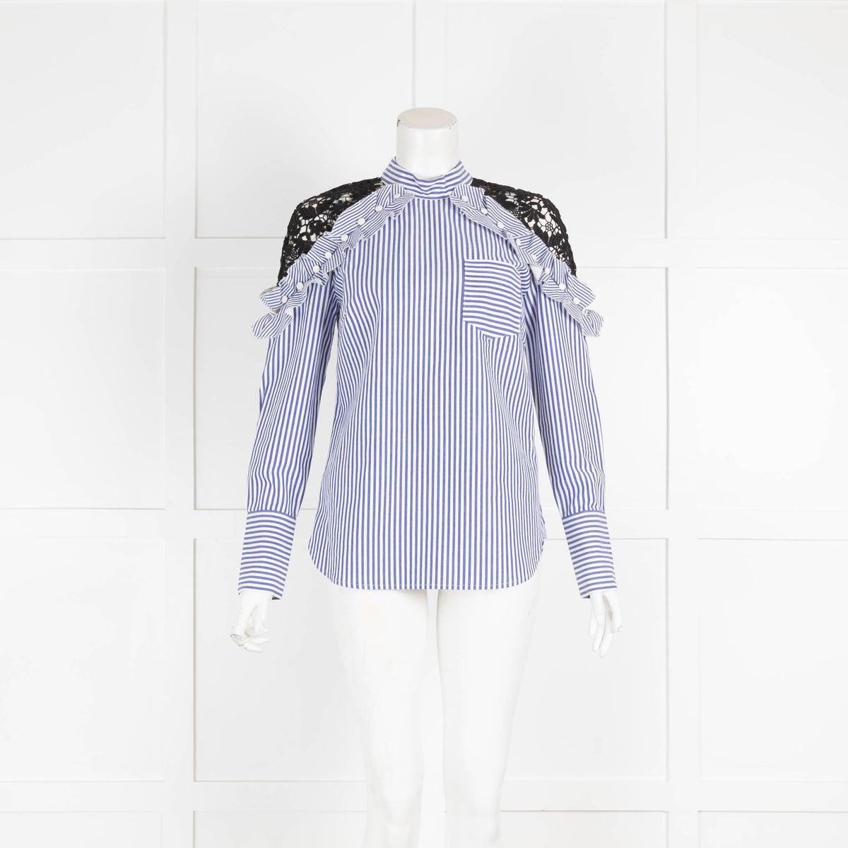 Self-Portrait White Blue Black Lace Shoulder Long Sleeve Top