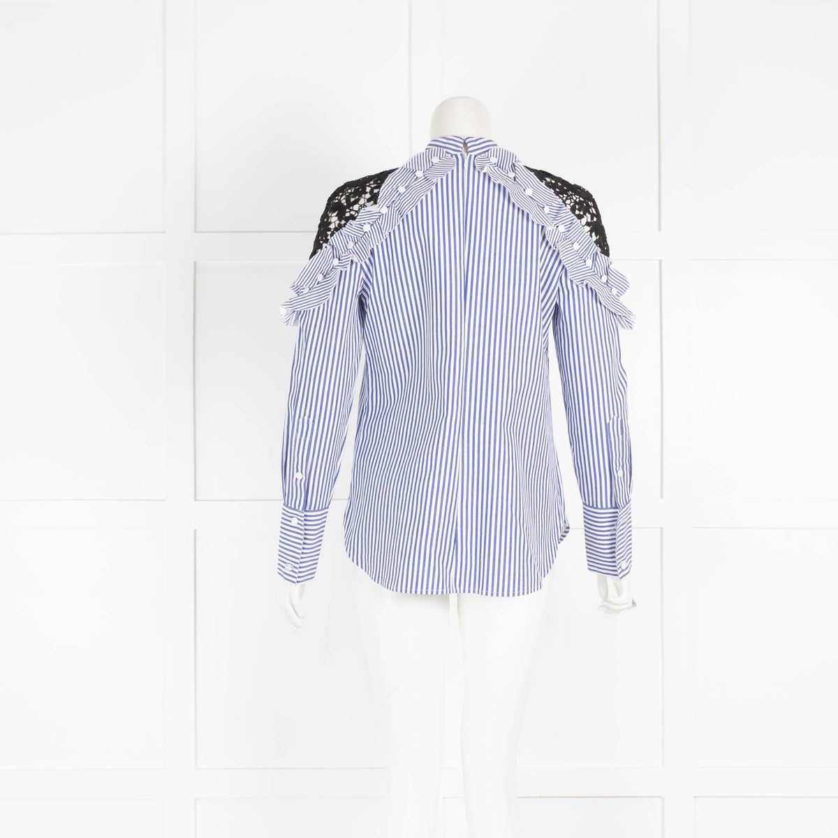 Self-Portrait White Blue Black Lace Shoulder Long Sleeve Top