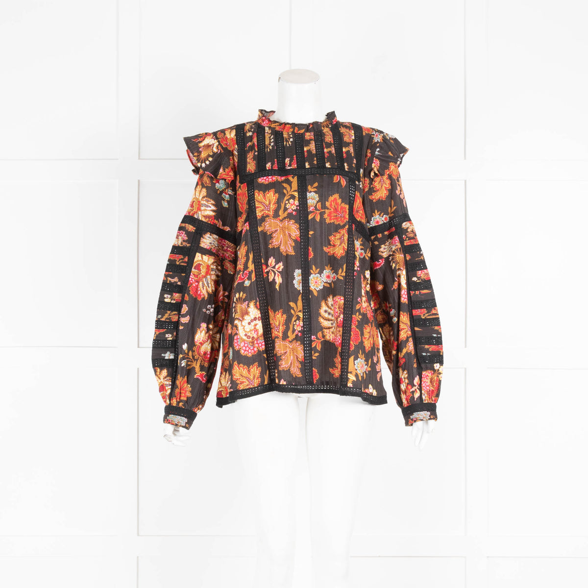 Sea Black Brown Floral Lace Detail Long Sleeve Top