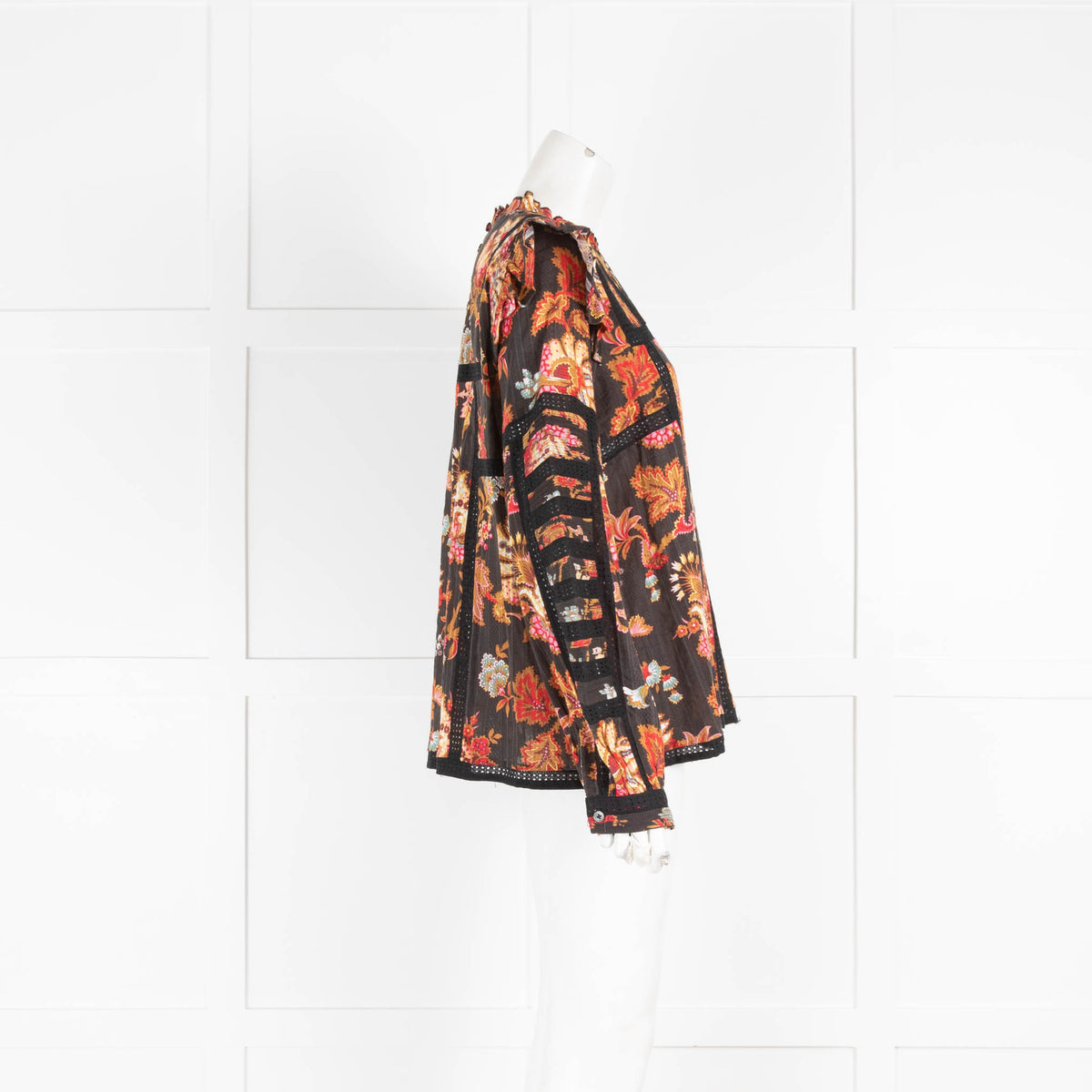Sea Black Brown Floral Lace Detail Long Sleeve Top