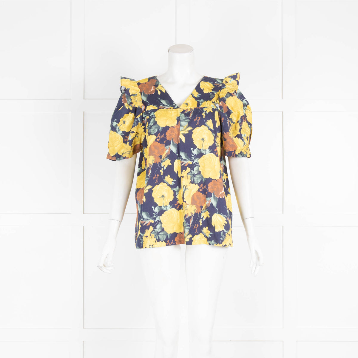 Sea Blue Yellow Floral Print Short Sleeve Top