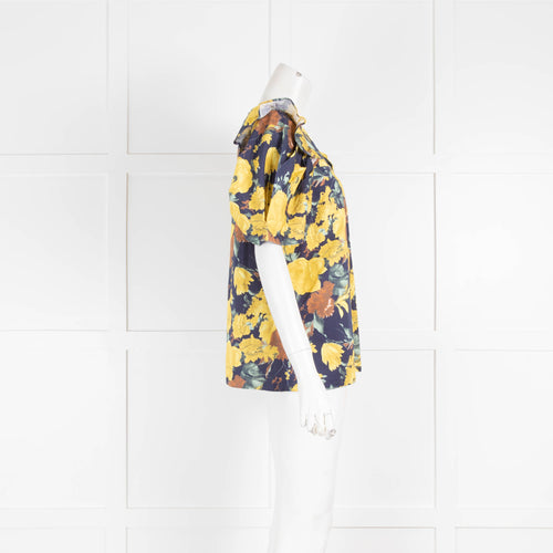 Sea Blue Yellow Floral Print Short Sleeve Top