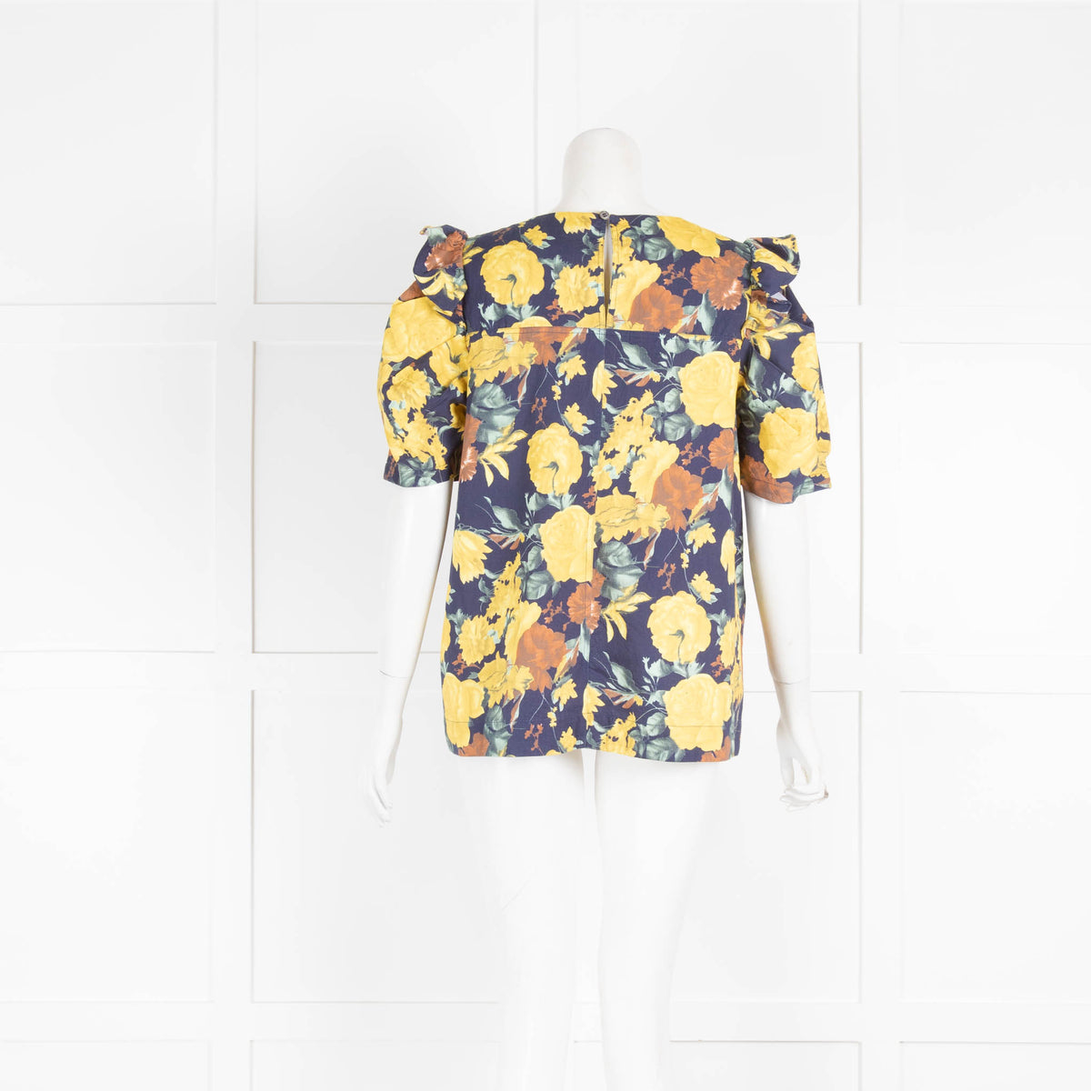 Sea Blue Yellow Floral Print Short Sleeve Top