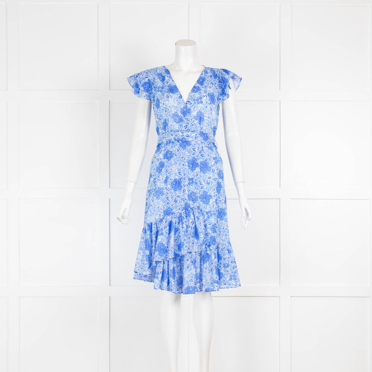 Masscob Blue White Floral Cotton Cap Sleeve Wrap Dress
