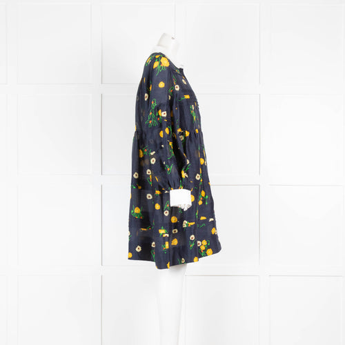Lee Mathews Navy Yellow Floral Silk Blend Long Sleeve Dress