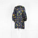 Lee Mathews Navy Yellow Floral Silk Blend Long Sleeve Dress