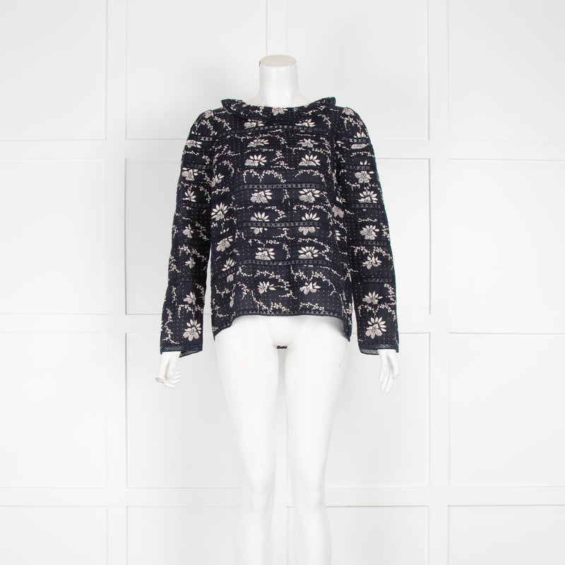 Sea Navy White Floral Cotton Long Sleeve Top
