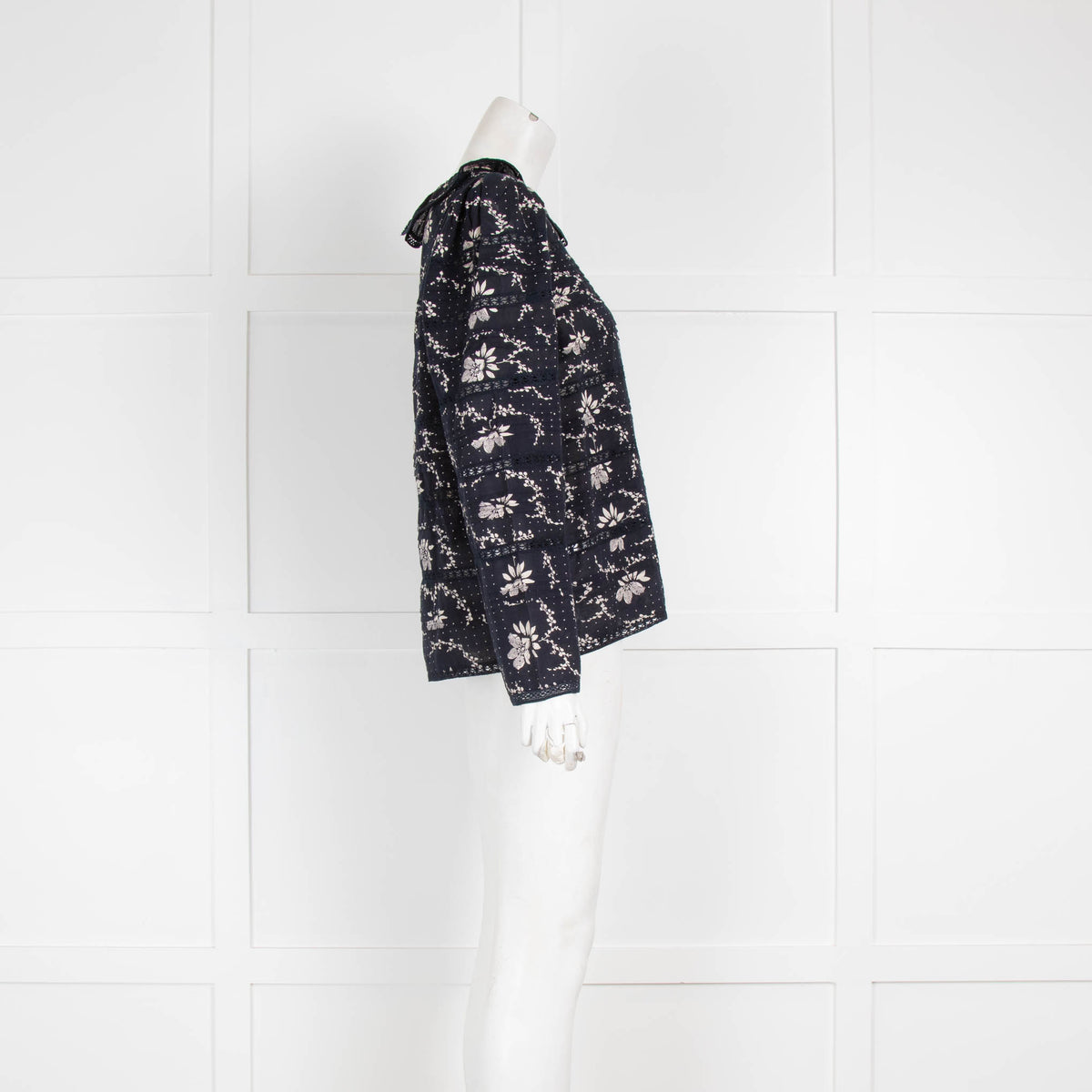 Sea Navy White Floral Cotton Long Sleeve Top
